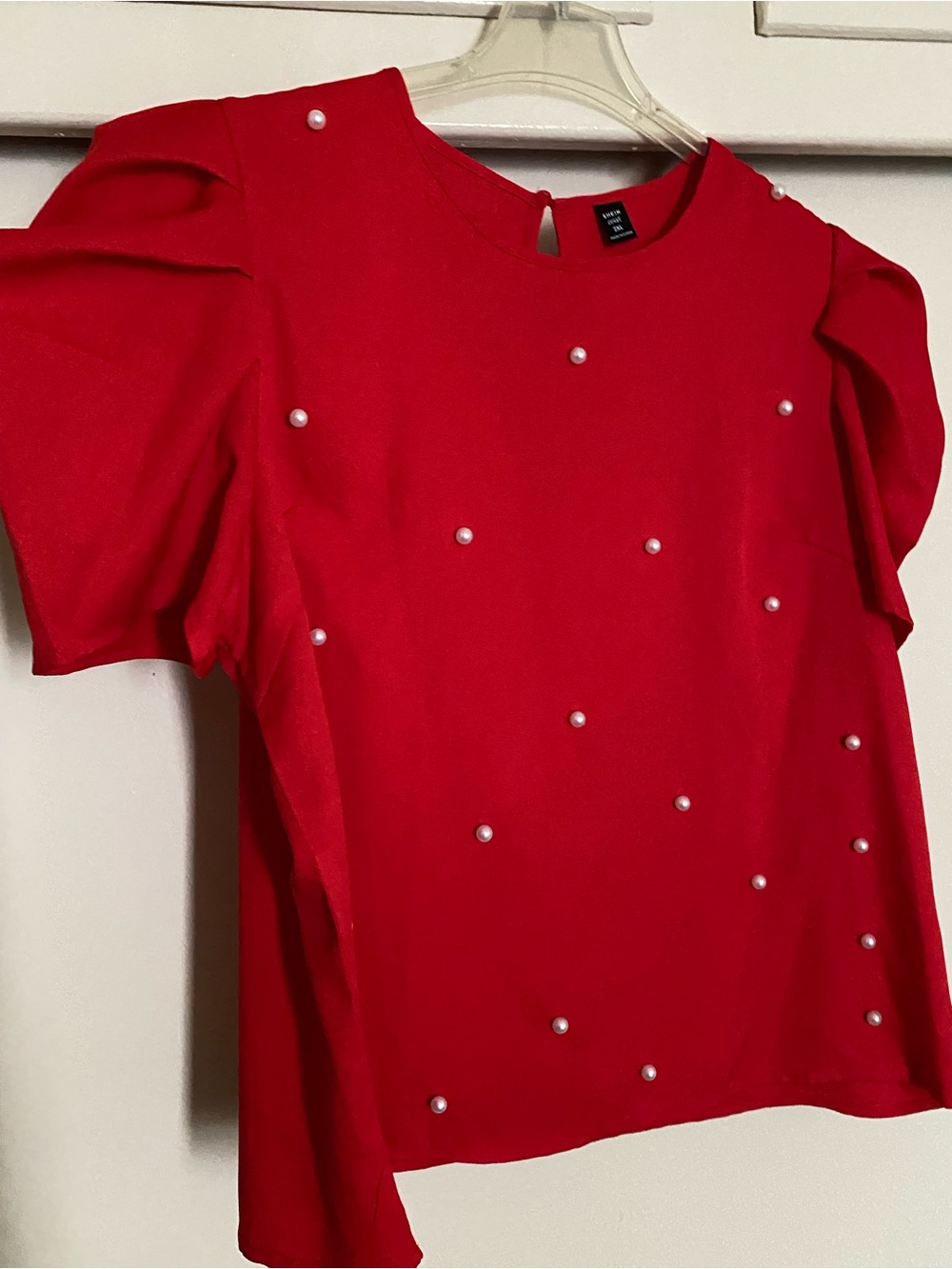 SHEIN Red Pearl-Embellished Puff Sleeve Blouse